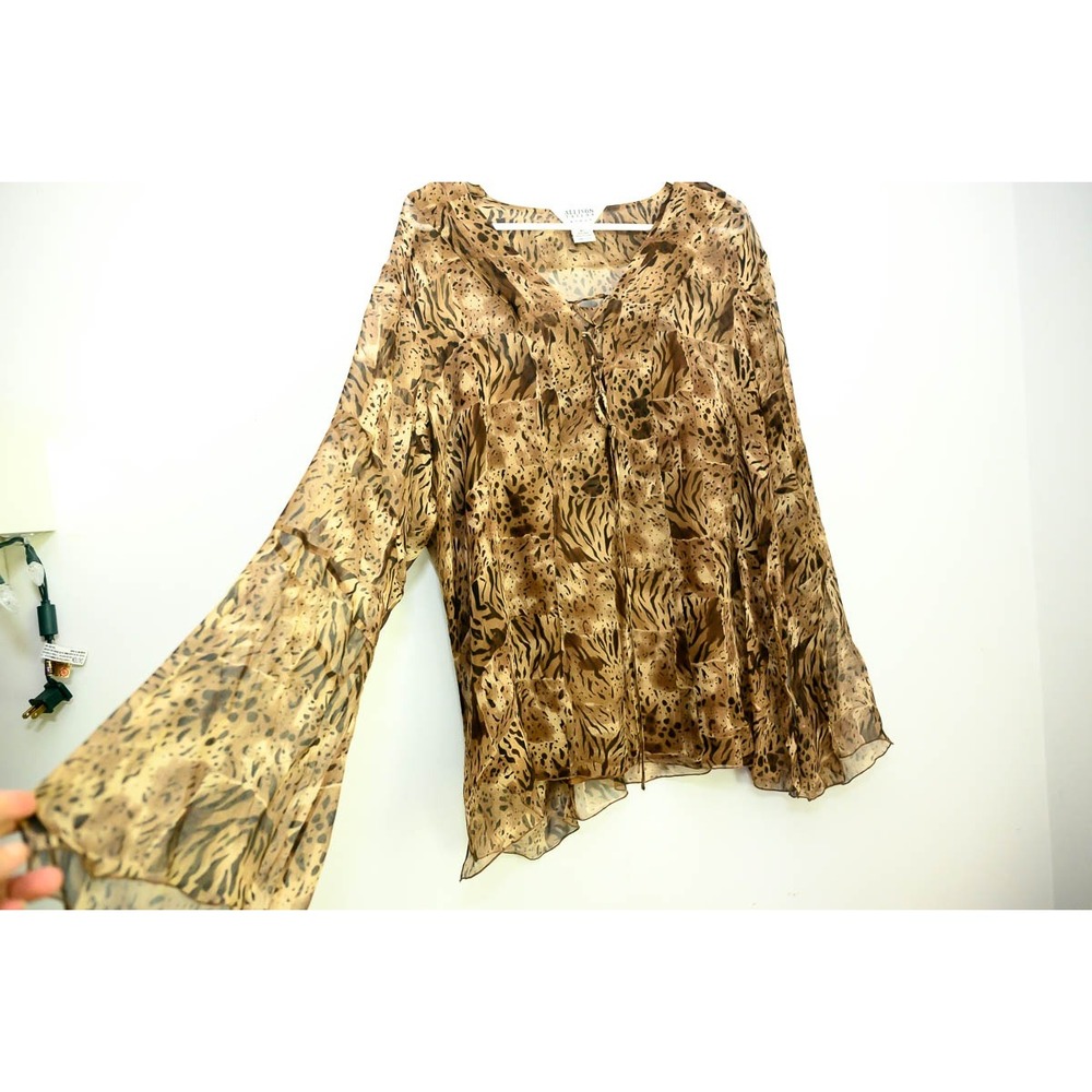 Allison Taylor Silk Blouse 2X Brown Animal Print Sheer Bell Sleeve Top